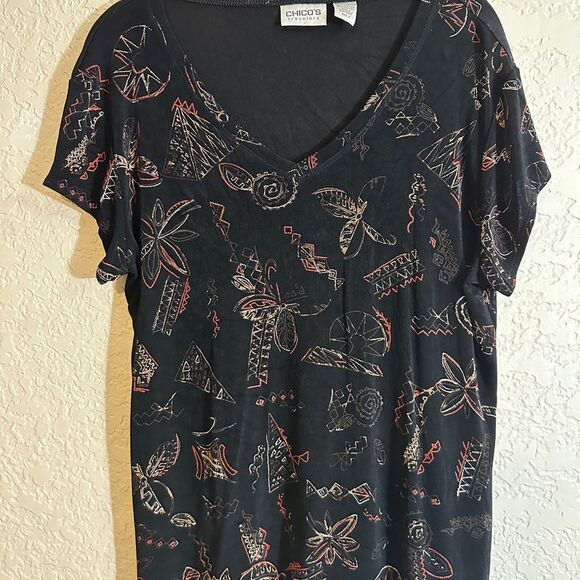 Chico's Travelers Black Abstract Floral V-Neck Short Sleeve Shirt 2‎ Medium - Picture 3 of 7